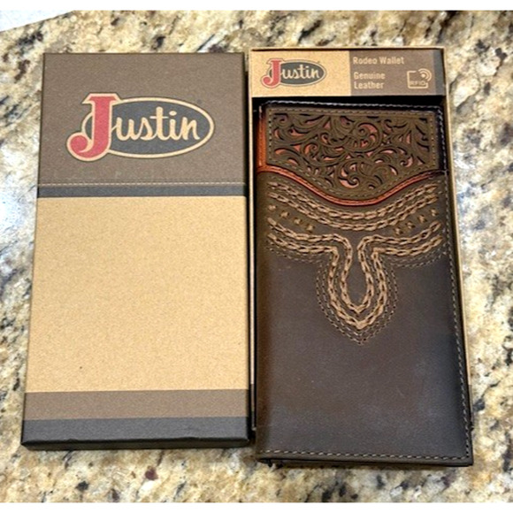 Justin Rodeo Wallet Brown Genuine Leather Tooled Western Stitch RFID Long Bifold - Picture 1 of 7
